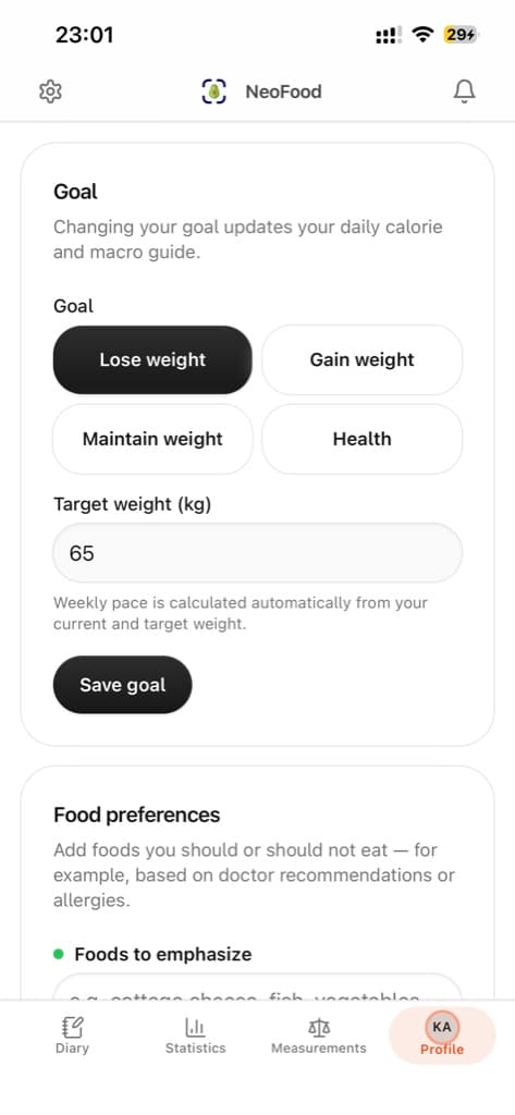 NeoFood: food diary and calorie tracking — main app screen