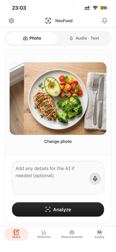 NeoFood: nutrition analytics, macro charts and CJFU breakdown